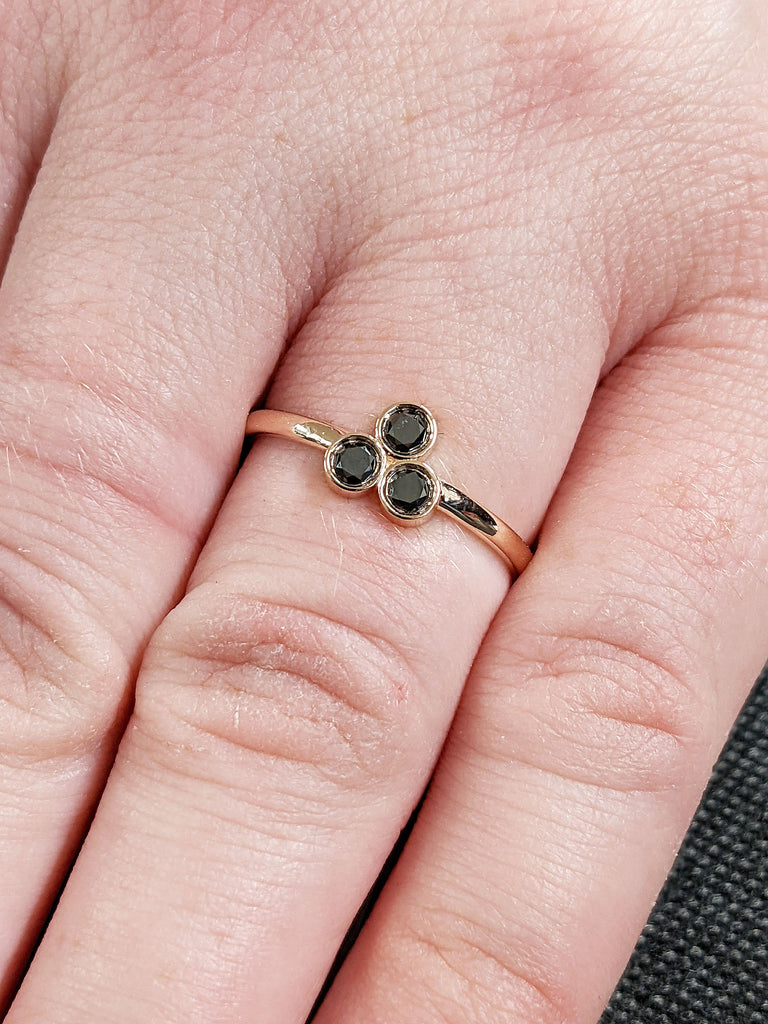 Three Stone Round Black Diamonds Cluster Cocktail Ring for Her | Multi Stone Solid Thin Gold Band | Unique Alternative Wedding Jewelry