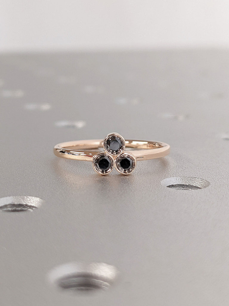 Bezel set Round cut Natural Black Diamonds Trio Multi Stone Women Engagement Cocktail Ring | 14K 18K Rose Gold Dainty Wedding Band