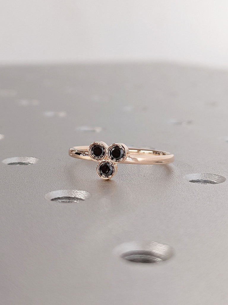 Black Diamonds Trio Dainty Real Solid Rose Gold Thin Band Unique Women Proposal Ring