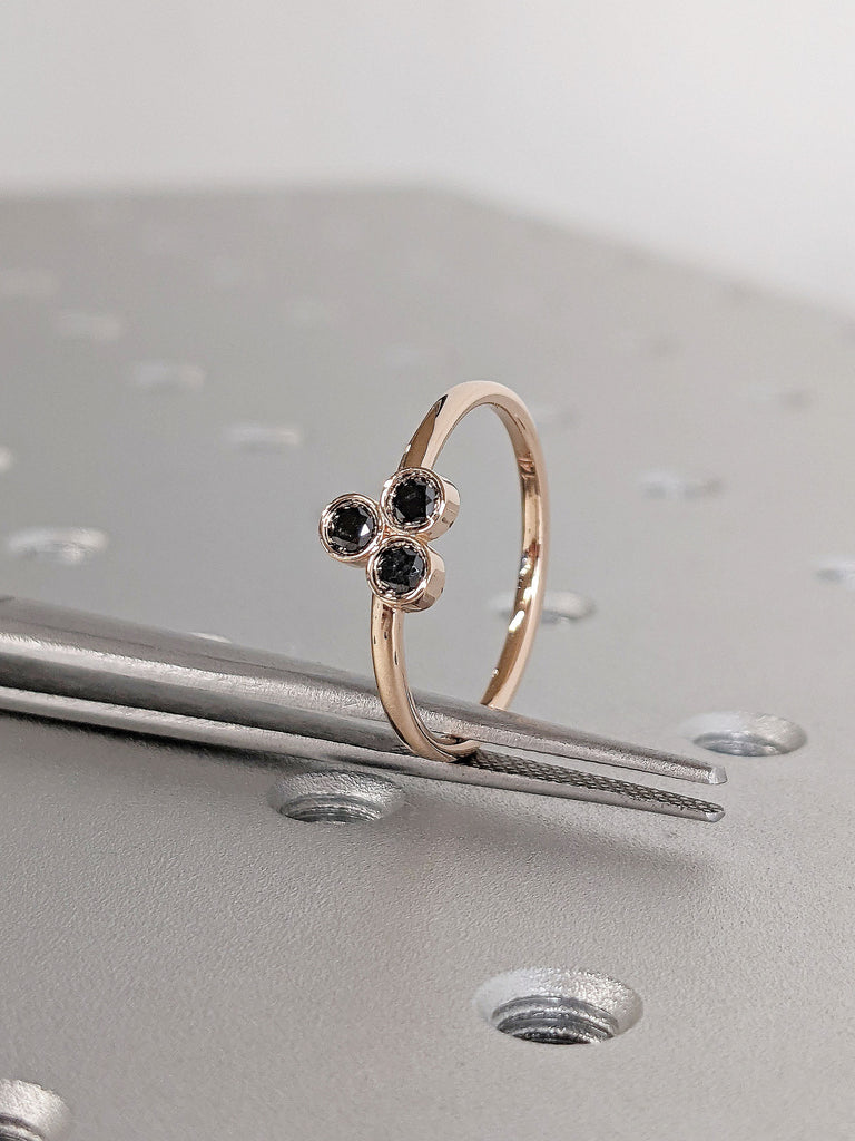 14k 18k Rose Gold Bezel set Natural Black Diamonds Petals Commitment Ring for Her | Dainty Multi Stone Cluster Anniversary Ring | Gift for Her