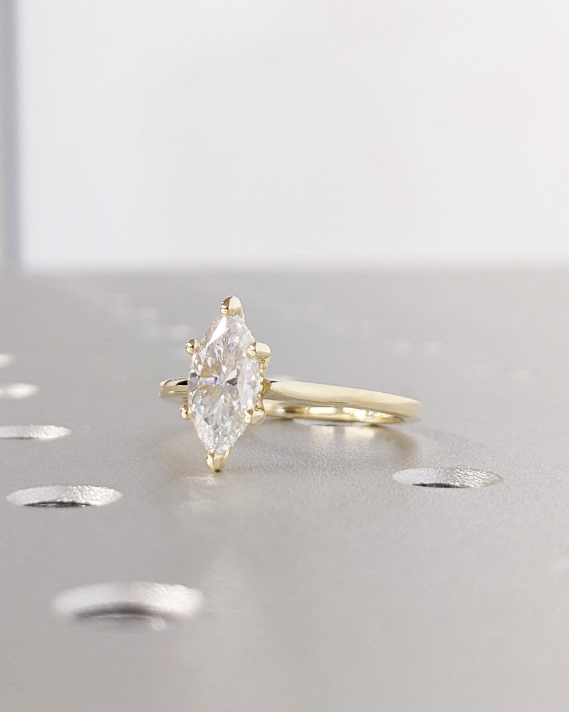 Hidden Halo Engagement Ring, Solitaire Marquise Cut Moissanite Anniversary Ring, Unique Bridal Wedding Proposal, 14K Solid Gold Ring For Her