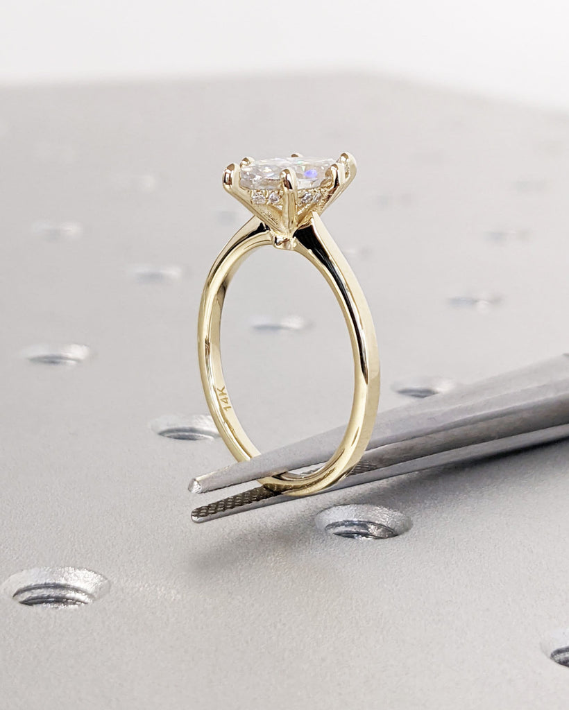 Hidden Halo Engagement Ring, Solitaire Marquise Cut Moissanite Anniversary Ring, Unique Bridal Wedding Proposal, 14K Solid Gold Ring For Her