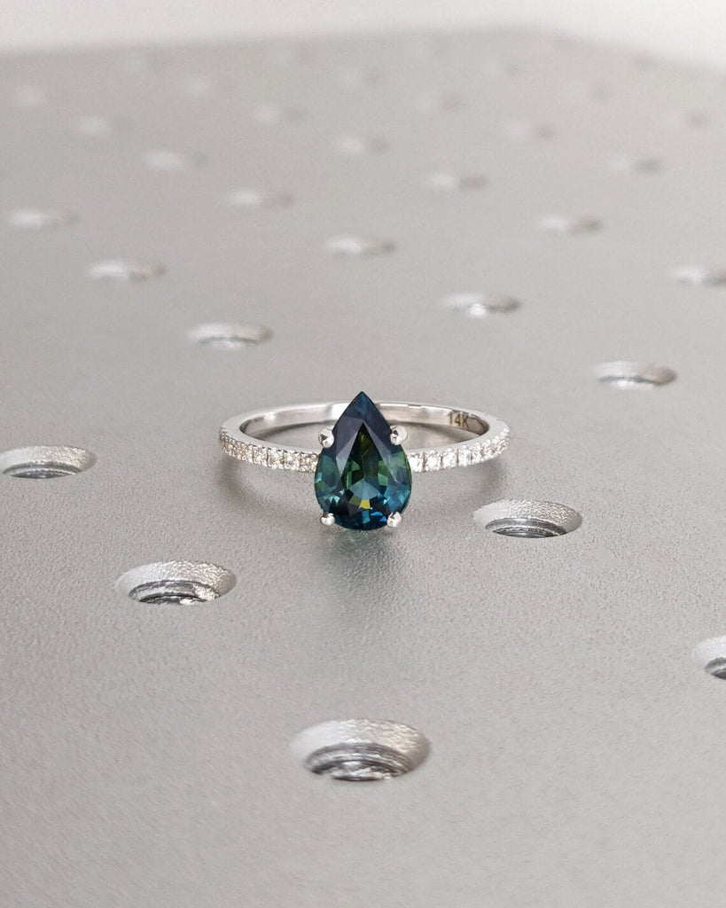 One of a Kind Montana Sapphire Ring, Blue Sapphire Diamond Cluster Ring, Vintage Inspired Blue Sapphire Engagement Ring, 14K Gold Green Teal