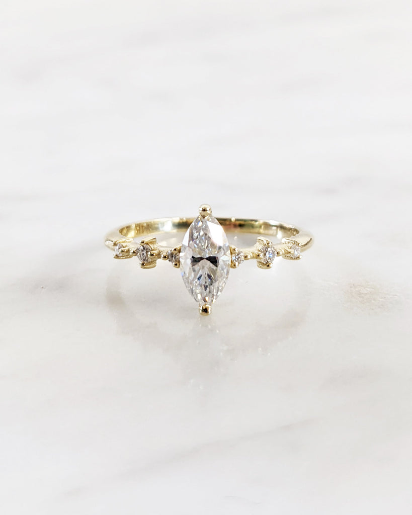 Unique Dainty Minimalist 14K Yellow Gold Marquise Cut White CZ Promise Ring | Small Delicate Womens Gold Engagement Ring Gift for Her