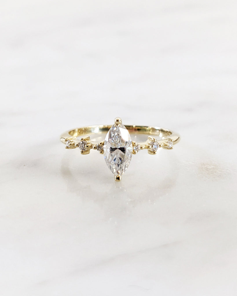 Dainty 14K Yellow Gold Antique Style Art Deco Marquise Lab Diamond Promise Ring for Her | Small Delicate Diamond Womens Engagement Ring