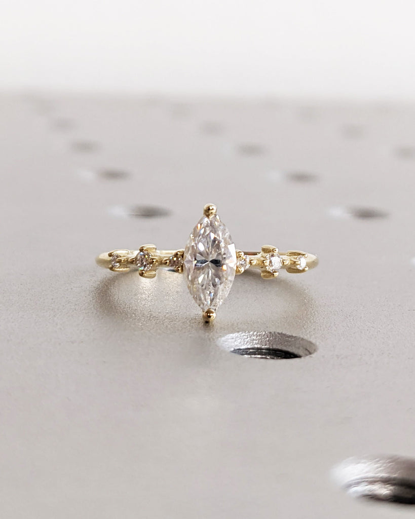 Vintage Moissanite Engagement Ring / Dainty 14K Yellow Gold Engagement Ring / Unique Cluster Ring Round Cut Bridal Promise Anniversary Ring