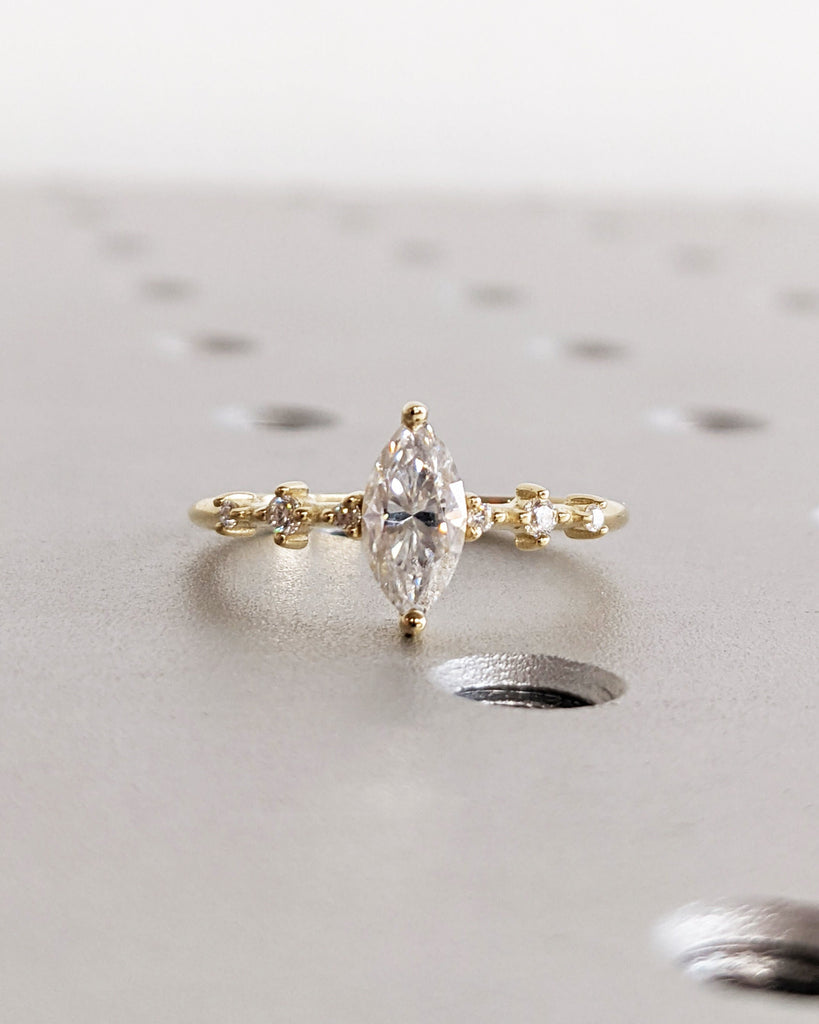 Vintage Engagement Ring Marquise Cut Moissanite | 14K 18K Yellow Gold Diamond Cluster Dainty Wedding Promise Ring | Anniversary Gift for Her