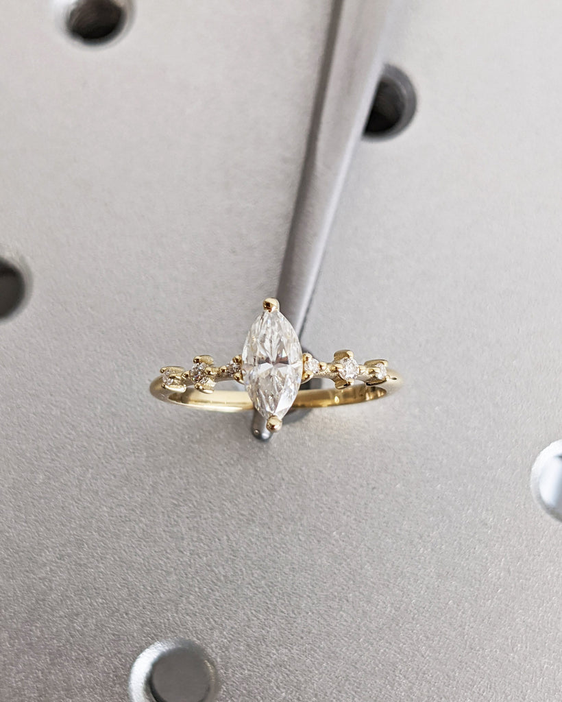 Marquise Engagement Ring | Marquise Moissanite Solitaire Ring | Floating Cluster Moissanite Wedding Ring | 14K Yellow Gold Anniversary Ring