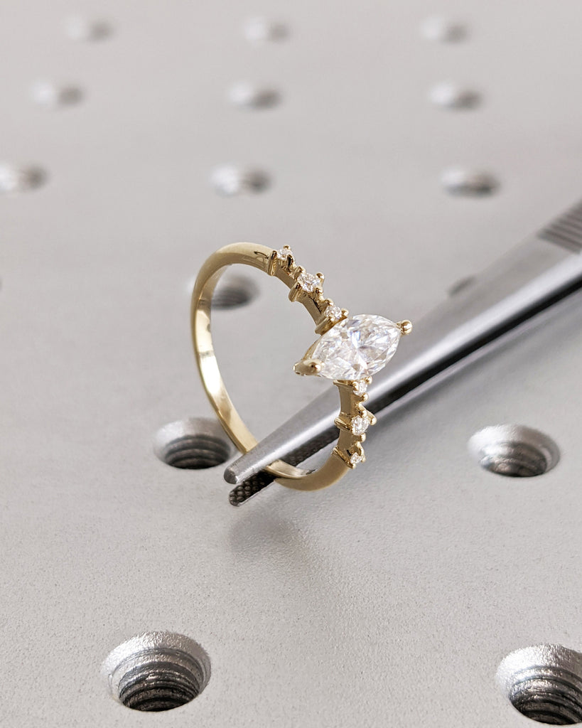 Vintage Lab Grown Diamond Engagement Ring | Dainty Yellow Gold Unique Cluster Diamond Ring | Round Cut Bridal Promise Anniversary Ring