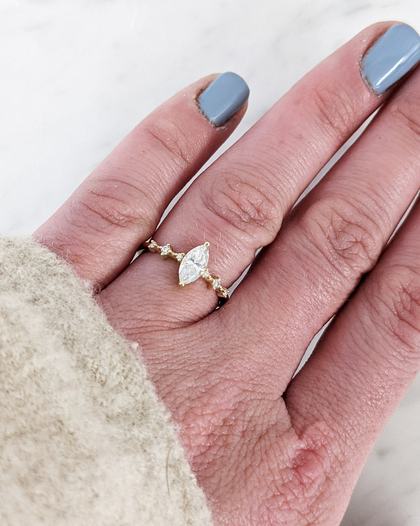 Dainty 14K Yellow Gold Antique Style Art Deco Marquise Lab Diamond Promise Ring for Her | Small Delicate Diamond Womens Engagement Ring