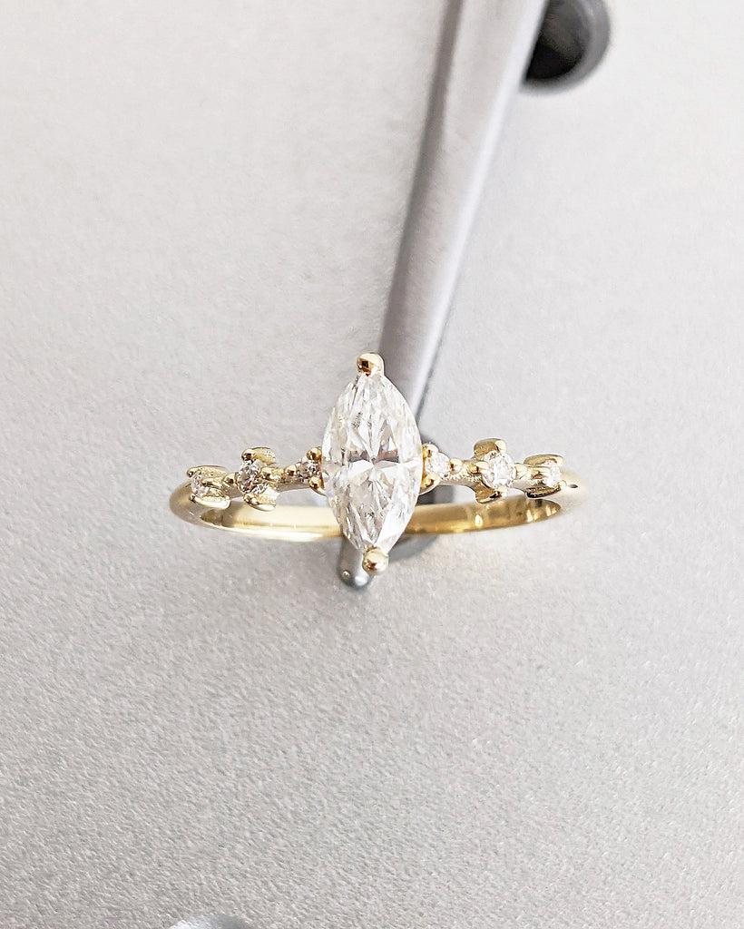 Vintage Engagement Ring Marquise Cut Moissanite | 14K 18K Yellow Gold Diamond Cluster Dainty Wedding Promise Ring | Anniversary Gift for Her