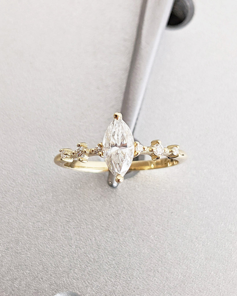 Vintage Engagement Ring Marquise Cut Moissanite | 14K 18K Yellow Gold Diamond Cluster Dainty Wedding Promise Ring | Anniversary Gift for Her