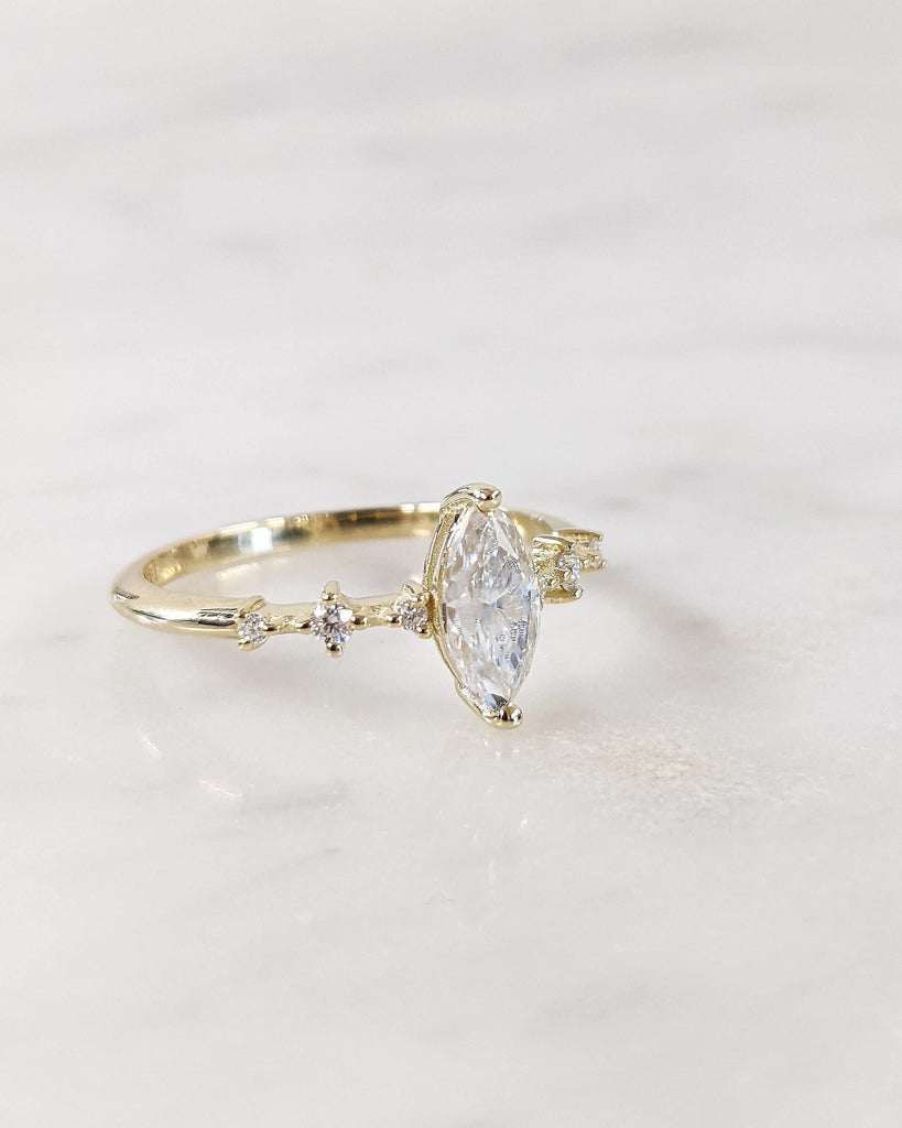 Multi Stone Marquise Moissanite 14K Yellow Gold Simple Women Engagement Ring | Floating Bubble Distance Band Diamond Proposal Ring Jewelry