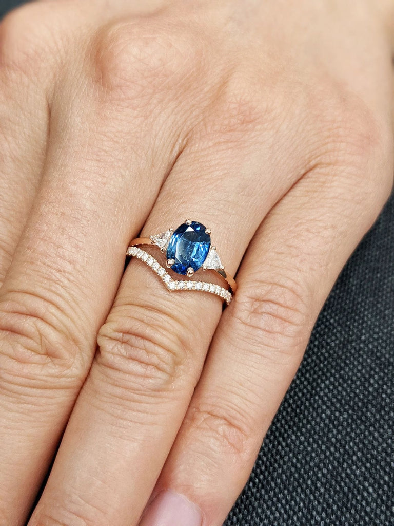 1.5ct Oval Blue Lab Sapphire Women Engagement Cocktail Ring Set | 14K Rose Gold Chevron Curve Diamond Eternity Wedding Band | Alternative Bridal Jewelry