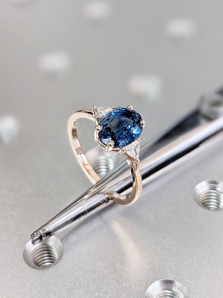 Oval cut September Birthstone Blue Lab Sapphire Wedding Anniversary Ring for Her | Solid Rose Gold Triangle Moissanite Three Stone Unique Proposal Ring | Personalized Bridal Jewelry