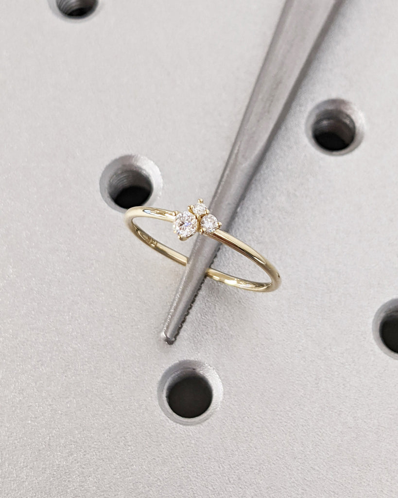 Thin Gold Stacking Rings - 1.2MM Triple Stone Ring - Minimalist Ring 14K Solid Gold - Diamond Ring - Promise Ring - Gold Dainty Cluster Ring