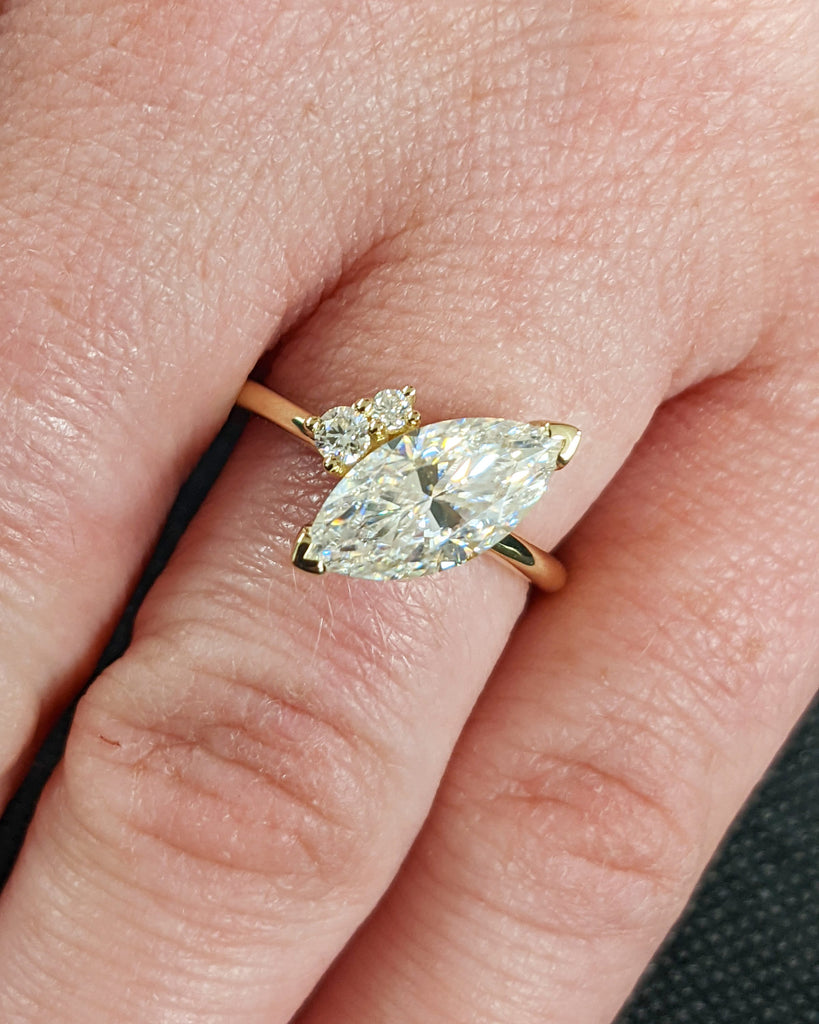 Asymmetrical Marquise Engagement Ring, Marquise Moissanite Engagement Ring, Cluster Wedding Ring, Trellis Anniversary Ring, 14K Solid Gold