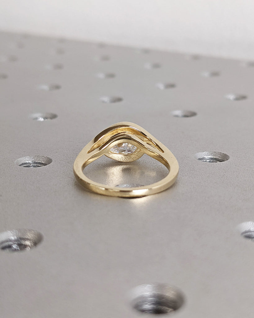 Pear cut Lab Grown Diamond Solitaire Women Engagement Wedding Ring | Solid Yellow Gold Curve Double Band | Unique East West Promise Ring