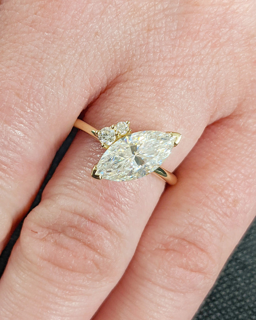 Unique 1.5ct Marquise cut Moissanite Solitaire Anniversary Proposal Ring for Her | Solid Yellow Gold Diamond Wedding Band | Alternative Asymmetrical Bridal Jewelry