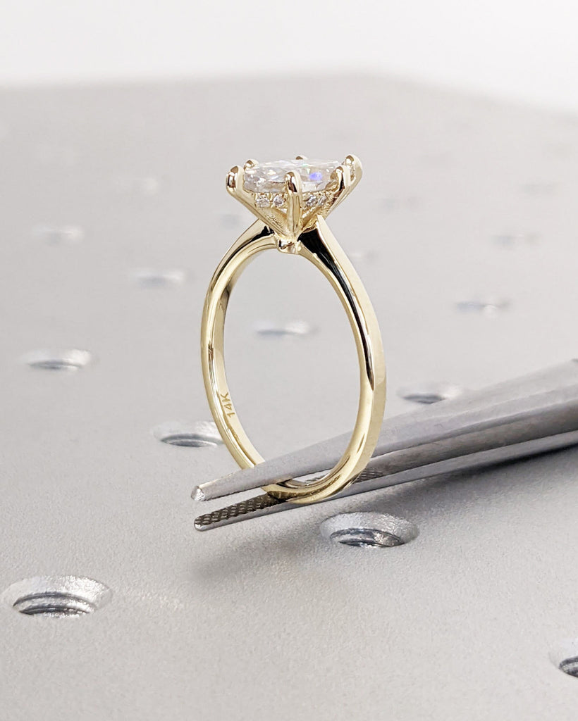 Hidden Halo Lab Diamond Engagement Ring / Solitaire Marquise Cut Engagement Ring / 14K Solid Gold Bridal Ring / Unique Wedding Ring For Her