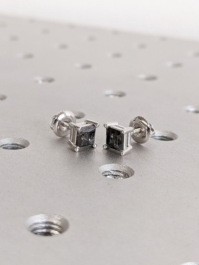 Princess cut Salt and Pepper Galaxy Diamond Simple Studs Earrings for Her | 14K White Gold Screw Back Natural Grey Diamond Everyday Stud Earrings