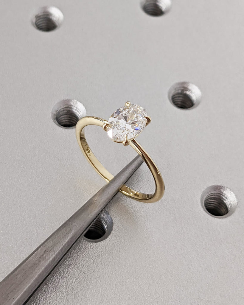 Oval Moissanite Engagement Ring / Petite Tapered Band Ring / 14K Solid Gold Wedding Ring / Oval Cut Solitaire Ring / Unique Anniversary Gift