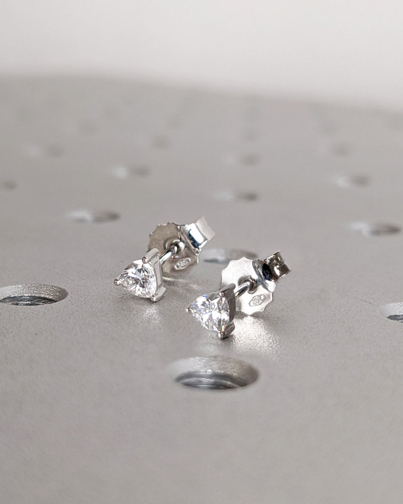 Solitaire Trillion Diamond Stud Earrings | Half Pair or Set | Trillion Cut White Diamond | Tiny Solid Gold Studs | Minimalist Gold Earrings