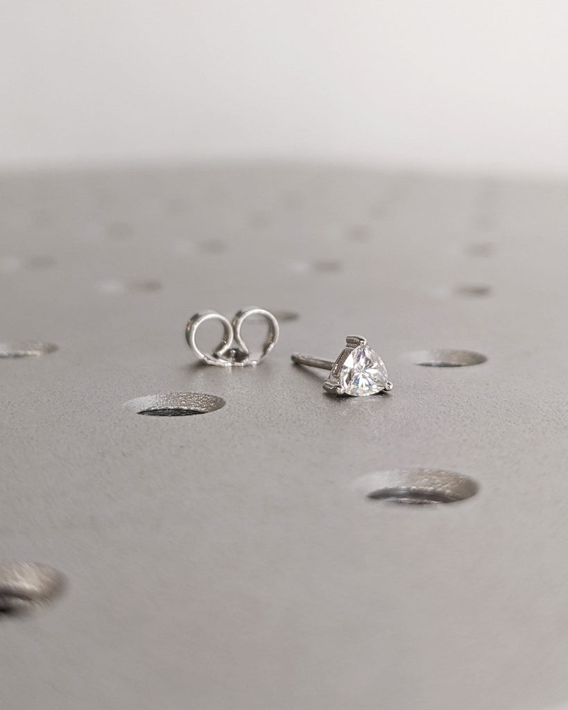 14K White Gold, Natural Diamond Minimalist Women Stud Earrings | Triangle Screw Back Single Earrings | Everyday Jewelry | Gift for Her