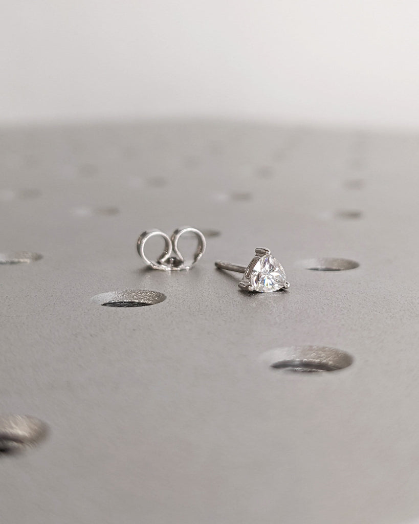 Colorless Moissanite Stud Earrings • 14K Gold Studs • Bohemian Gemstone Jewelry • Perfect Bridesmaid Gifts • Trillion Moissanite • Solitaire