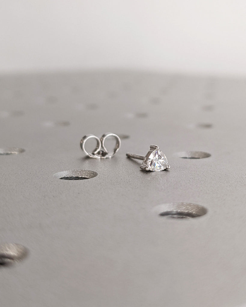 Solitaire Trillion Diamond Stud Earrings | Half Pair or Set | Trillion Cut White Diamond | Tiny Solid Gold Studs | Minimalist Gold Earrings