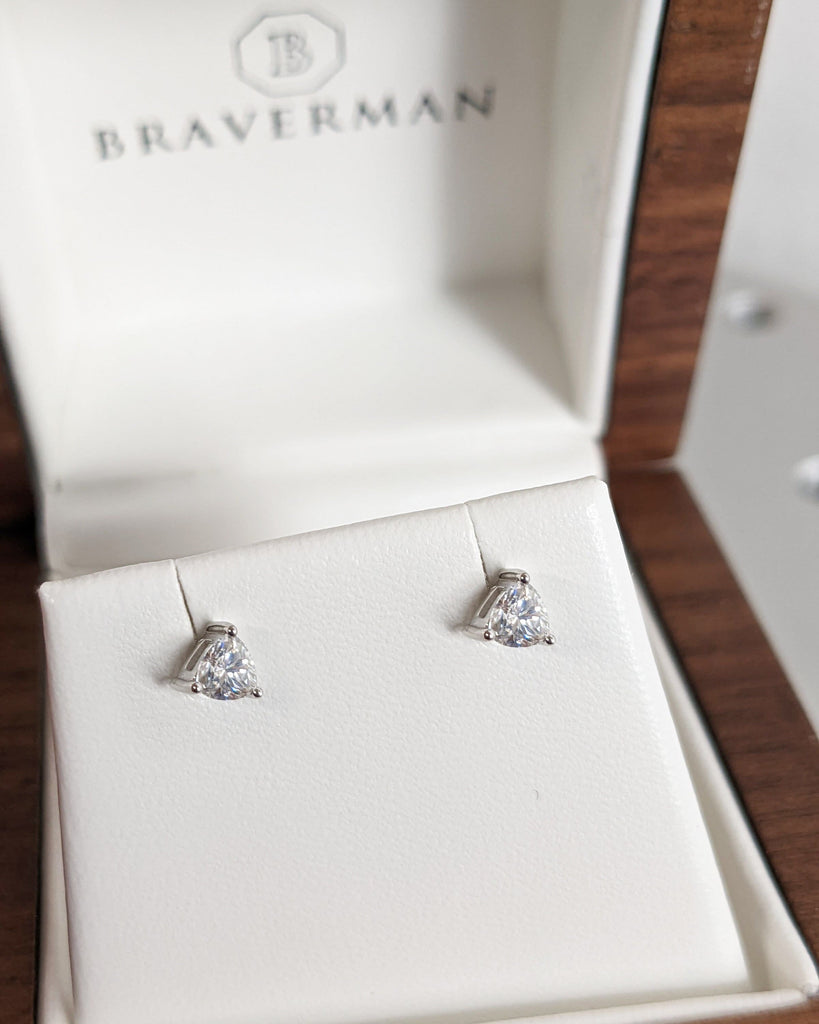 14K 18K Solid White Gold, Triangle Moissanite Solitaire Women Wedding Earrings | Minimalist Screw Back Crystal Earrings | Gift for Sister, Wife, Mom, Girlfriend, Bridesmaid