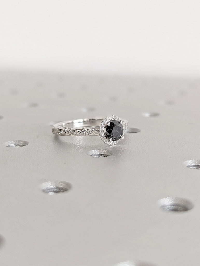 Round cut Natural Salt and Pepper Black Diamond Halo Women Engagement Cocktail Ring | Art Deco White Gold, Platinum Filigree Wedding Band