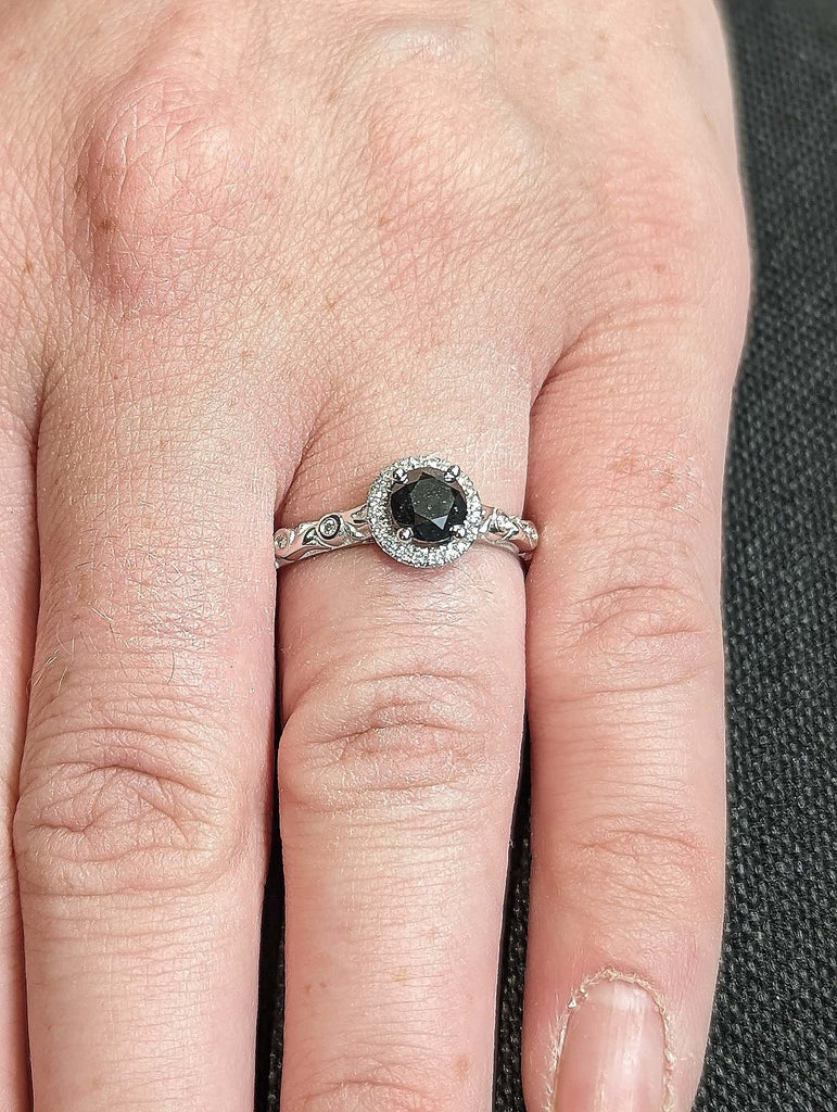 Round cut Natural Salt and Pepper Black Diamond Halo Promise Ring | Art Deco 14K 18K Solid White Gold, Platinum Filigree Wedding Band