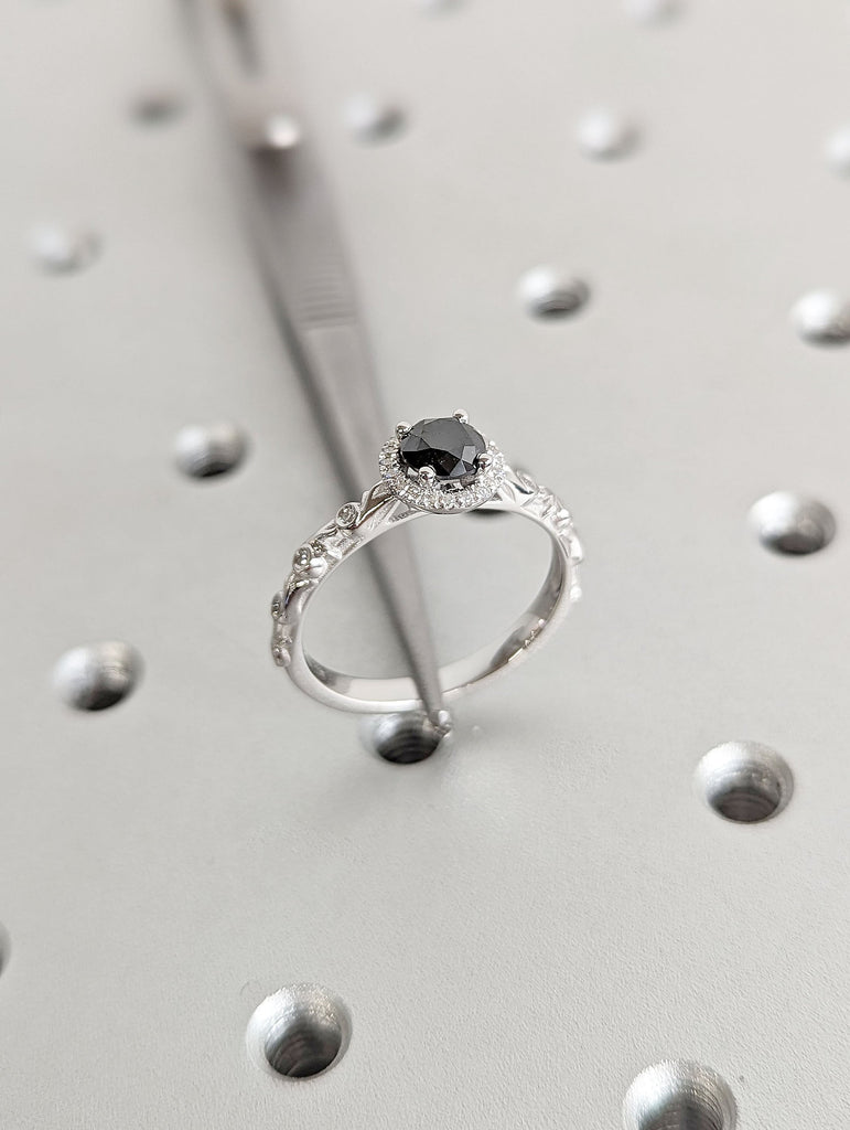 Natural Salt and Pepper Grey Diamond, Moissanite Halo, Art Deco Unique Proposal Ring for Her | Vintage Inspired Alternative Bridal Jewelry