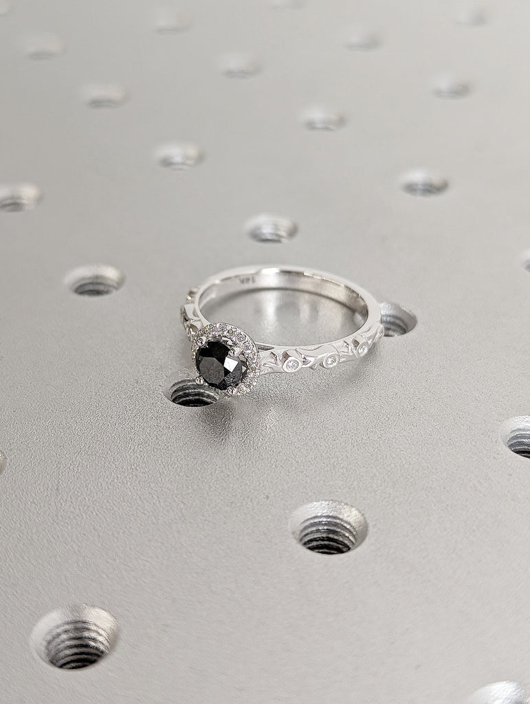 Open Gallery Setting Salt and Pepper Diamond Unique Proposal Ring for Her | 14K 18K Gold Moissanite Halo Vintage Inspired Bridal Jewelry