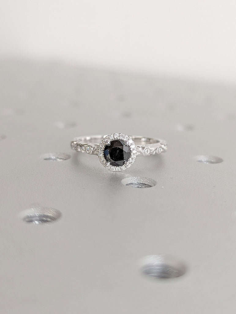 Round cut Natural Salt and Pepper Black Diamond Halo Women Engagement Cocktail Ring | Art Deco White Gold, Platinum Filigree Wedding Band