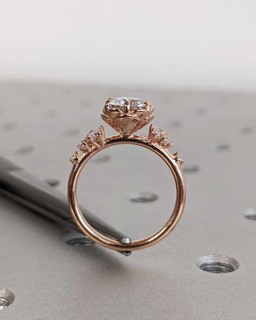 Fiore Moissanite Engagement Ring Rose Inspired Round Cut Moissanite Cluster Flower Wedding Floral Cluster Ring 14k Rose Gold Ring for Women