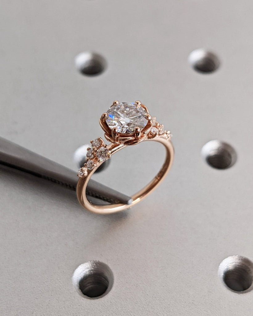 Bezel Set Round Moissanite Blooming Engagement Ring for Her | 14K 18K Rose Gold Snowdrift Diamond Proposal Ring | Floral Bridal Jewelry