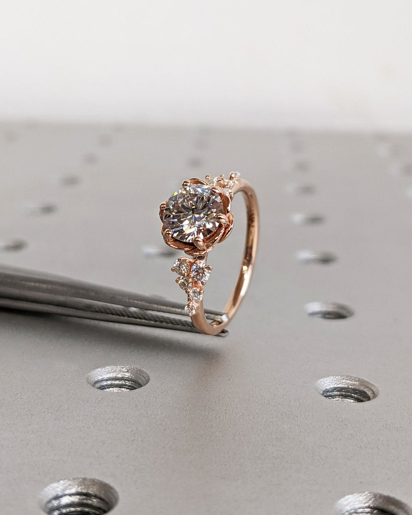 Rose Engagement Ring | Round Cut Moissanite Ring | Cluster Flower Ring | Rose Gold Wedding Ring | Romantic Rose Ring | Proposal Ring For Her