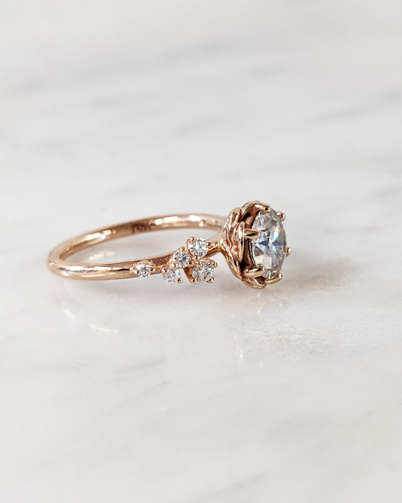 Rose Engagement Ring | Round Cut Moissanite Ring | Cluster Flower Ring | Rose Gold Wedding Ring | Romantic Rose Ring | Proposal Ring For Her