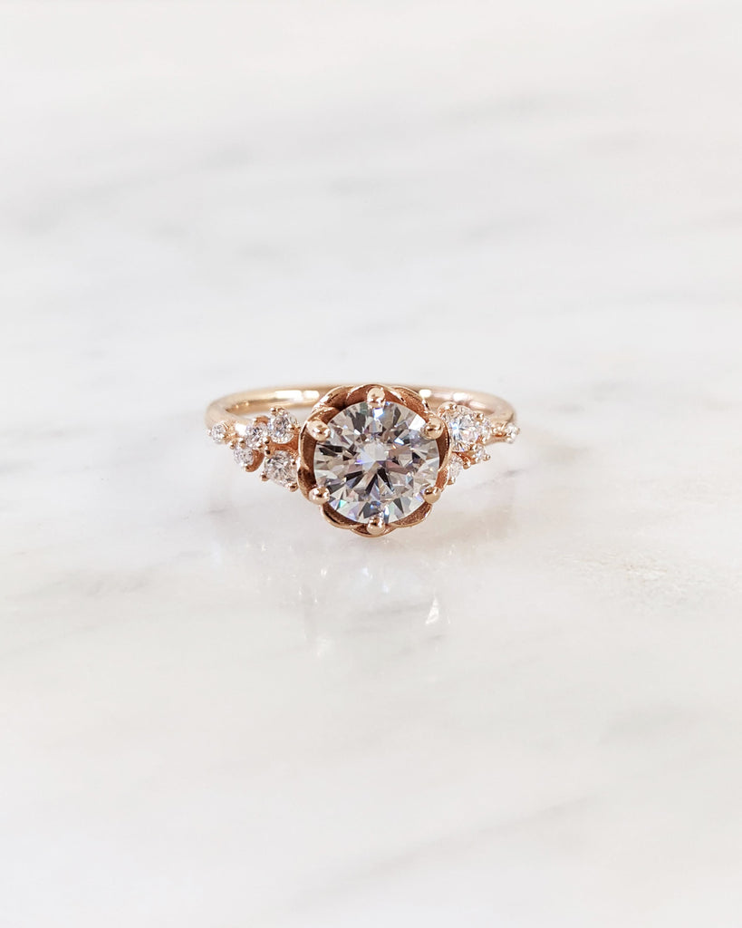 Bezel Set Round Moissanite Blooming Engagement Ring for Her | 14K 18K Rose Gold Snowdrift Diamond Proposal Ring | Floral Bridal Jewelry