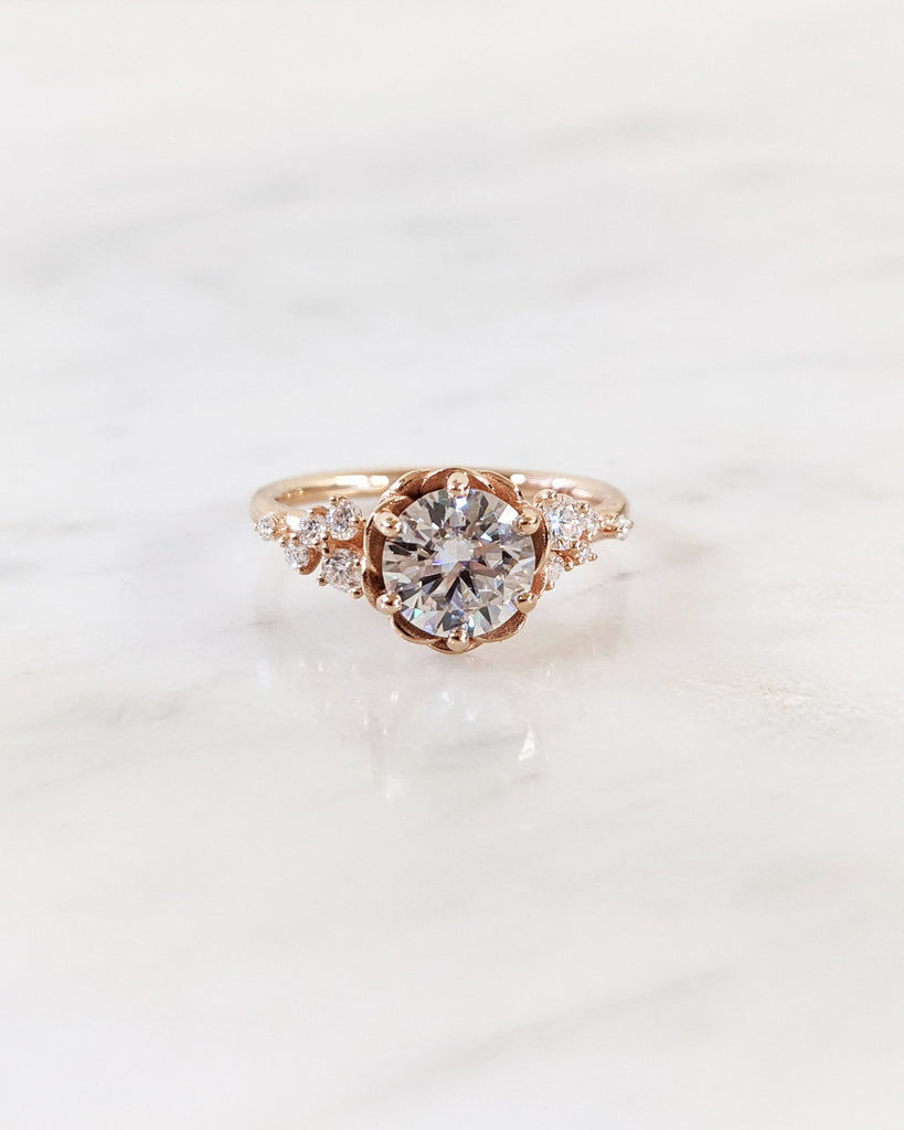 Rose Engagement Ring | Round Cut Moissanite Ring | Cluster Flower Ring | Rose Gold Wedding Ring | Romantic Rose Ring | Proposal Ring For Her