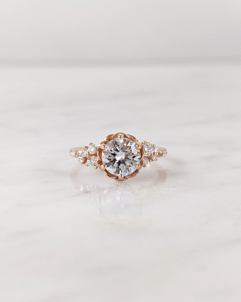 Rose Engagement Ring | Round Cut Moissanite Ring | Cluster Flower Ring | Rose Gold Wedding Ring | Romantic Rose Ring | Proposal Ring For Her