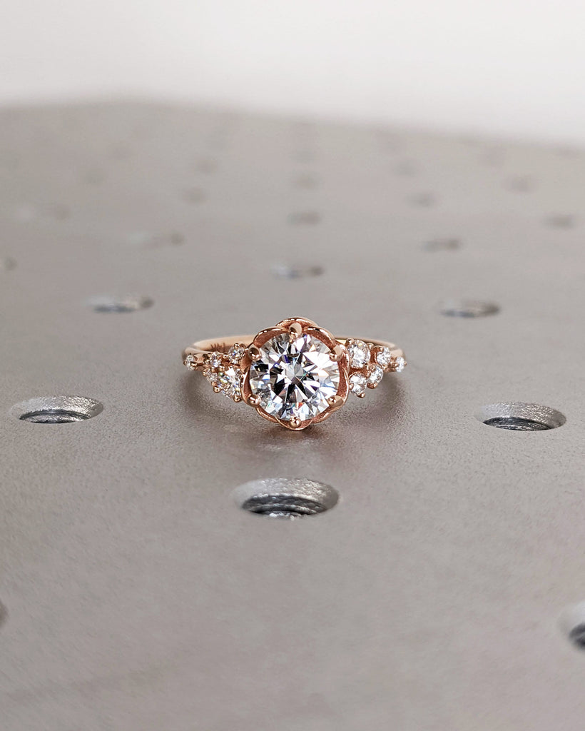 Fiore Diamond Engagement Ring Round Lab White Diamond Cluster Flower Engagement Ring Wedding Cluster Ring Simulated Diamond 14k Rose Gold