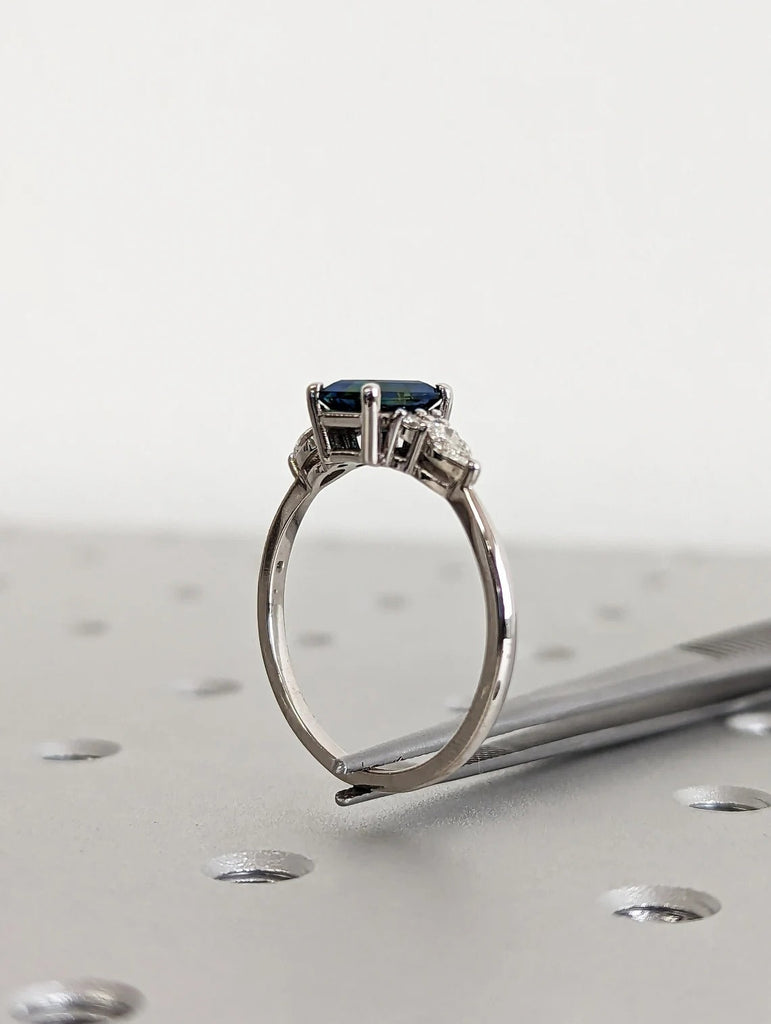 Emerald cut Montana Teal Sapphire Women Wedding Anniversary Ring | 14K White Gold Moissanite Cluster Promise Ring | Art Deco Cocktail Ring