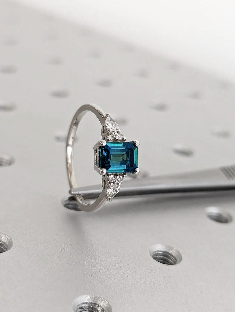 Emerald cut Montana Teal Sapphire Women Wedding Anniversary Ring | 14K White Gold Moissanite Cluster Promise Ring | Art Deco Cocktail Ring