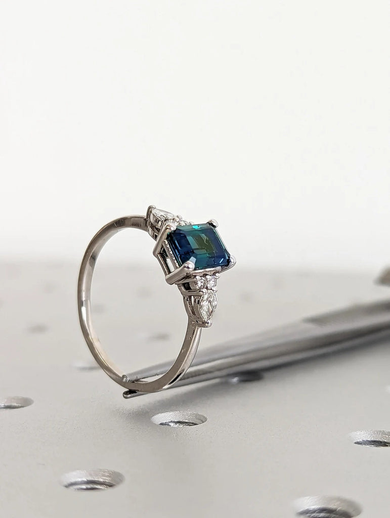 Montana Teal Sapphire Engagement Ring, Emerald Cut Blue Green Teal Sapphire Ring, Tiny Cluster Natural Gemstone Ring 14K Gold Bridal Jewelry