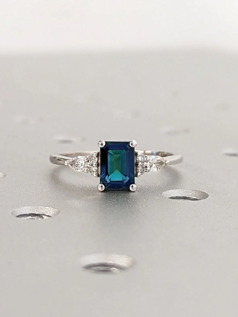 1CT Emerald Cut Teal Sapphire Engagement Ring, Double Prong Vintage Diamond Cluster Blue-Green Sapphire Wedding Anniversary Gift for Women