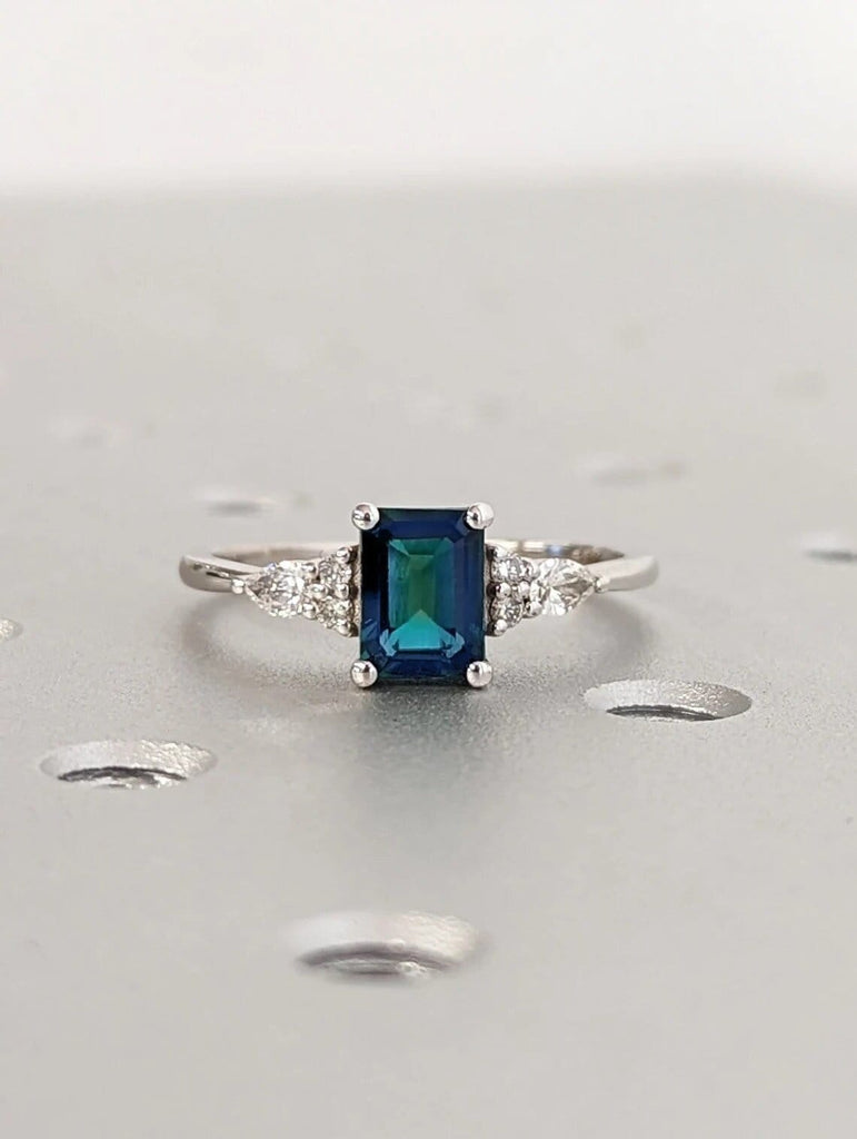 Montana Teal Sapphire Engagement Ring, Emerald Cut Blue Green Teal Sapphire Ring, Tiny Cluster Natural Gemstone Ring 14K Gold Bridal Jewelry