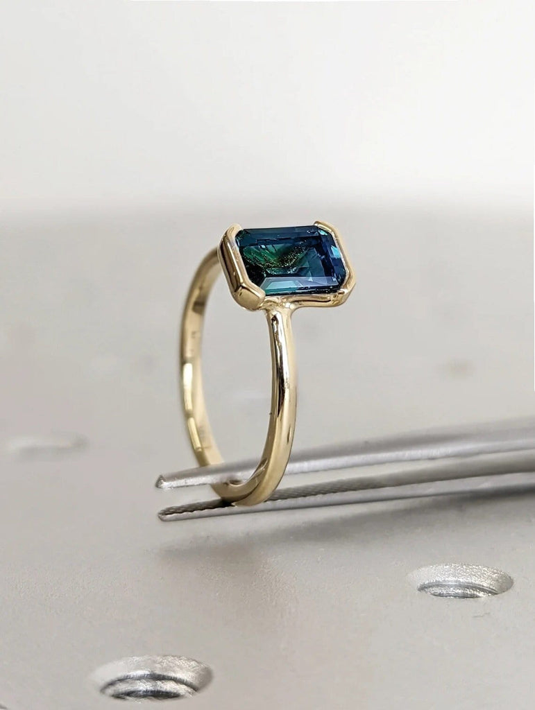 1CT Emerald Cut Teal Sapphire Engagement Ring, Floating Bezel Vintage Solitaire Blue-Green Montana Sapphire Wedding Anniversary Gift for Her